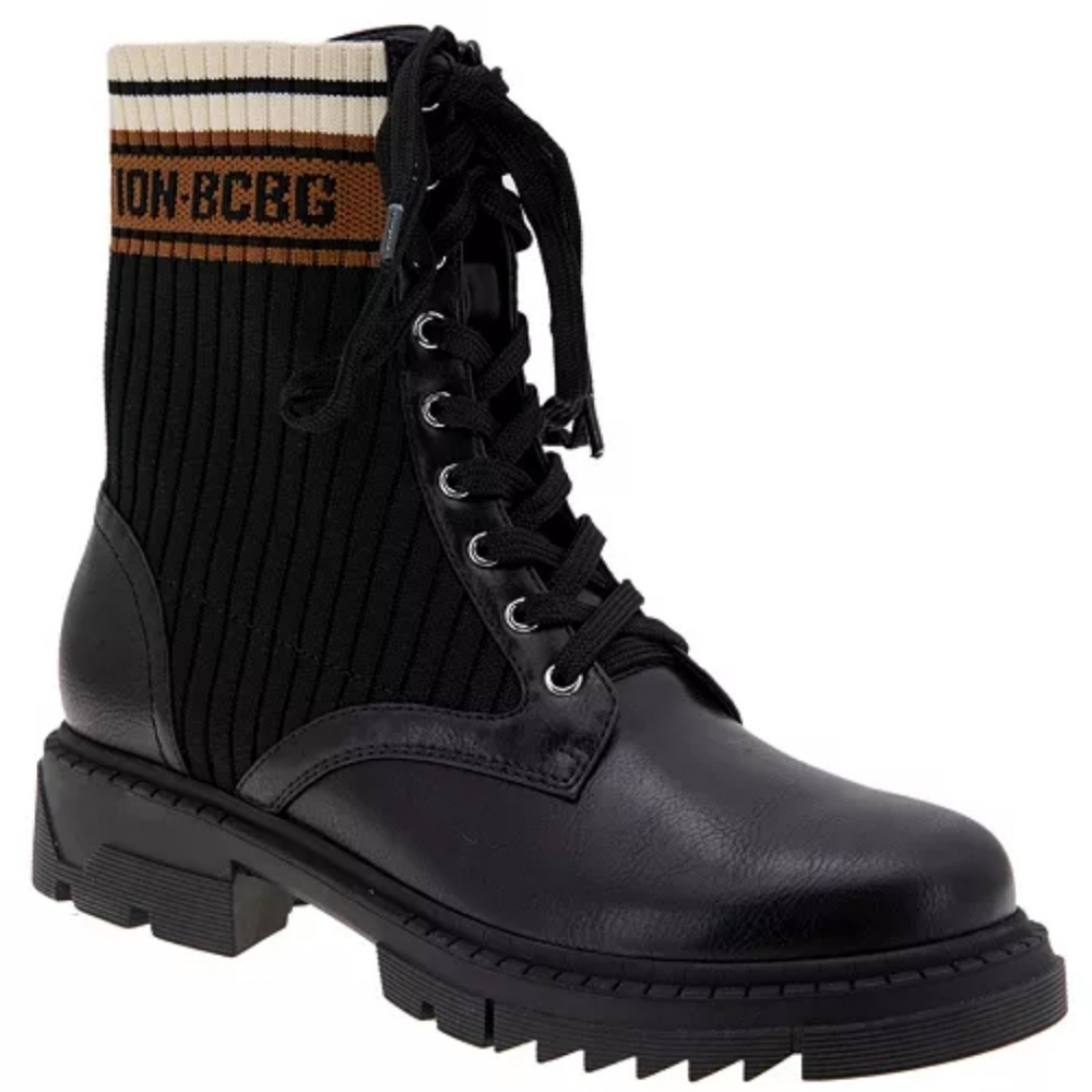 BCBGeneration Tassie Black Tan Leather Logo Combat Lug Sole Lace Up Boot W 5.5